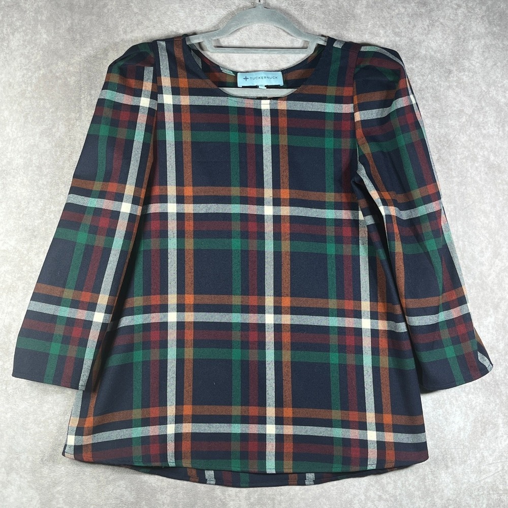 Tuckernuck Top Womens Size Small Blue Green Plaid 3/4 Sleeve Preppy Academia